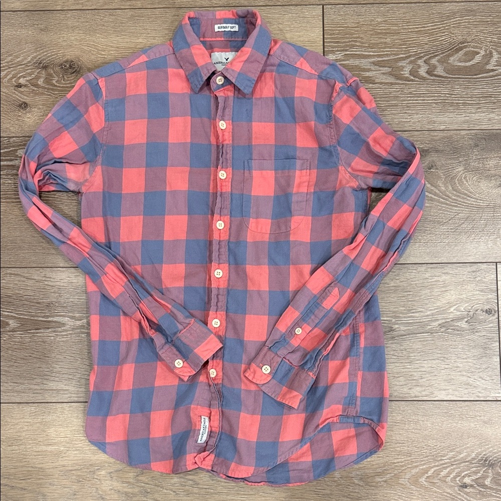 American Eagle Red and Blue Plaid Casual Shirt